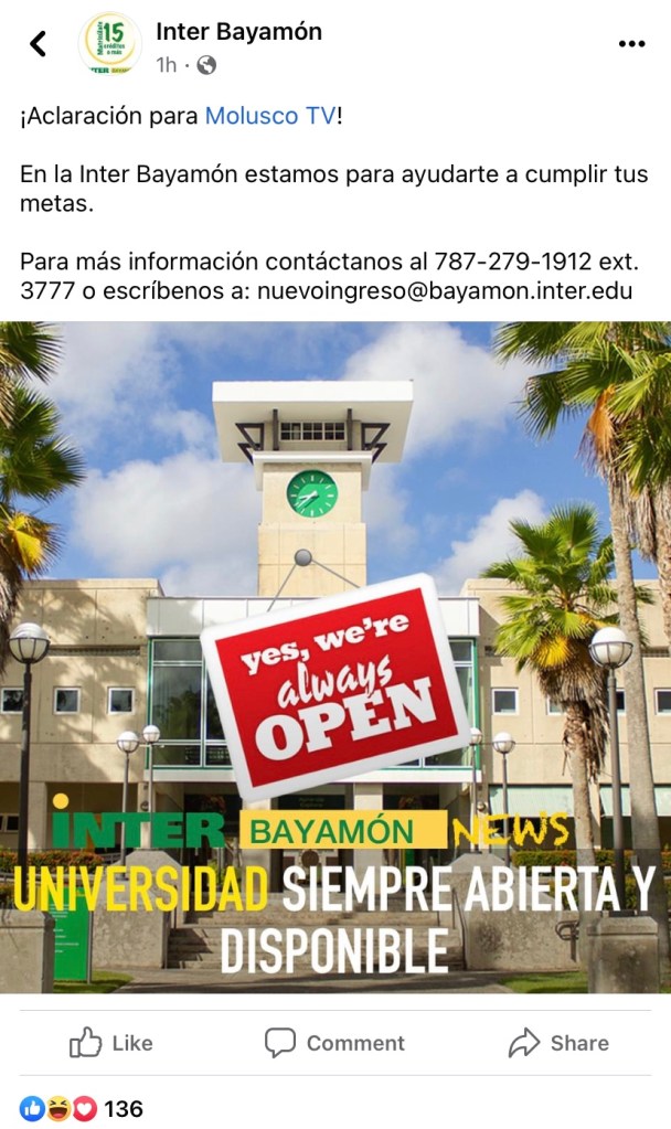 La Inter de Bayamón desmintió a través de una publicación en Facebook que fuera a cerrar. ¡Aclaración para Molusco TV!

En la Inter Bayamón estamos para ayudarte a cumplir tus metas. 

Para más información contáctanos al 787-279-1912 ext. 3777 o escríbenos a: nuevoingreso@bayamon.inter.edu