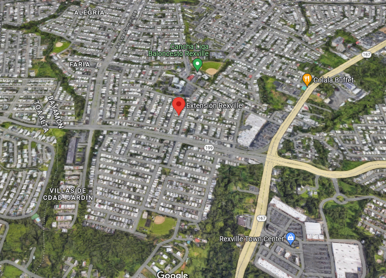 Una captura de pantalla de Google maps mostrando parte de la extensión Rexville