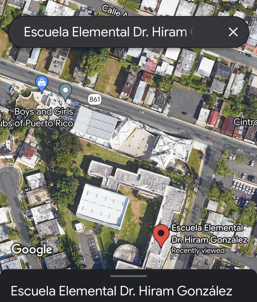 Captura de pantalla de Google Maps mostrando la localización de la escuela Dr Hiram González en Bayamón