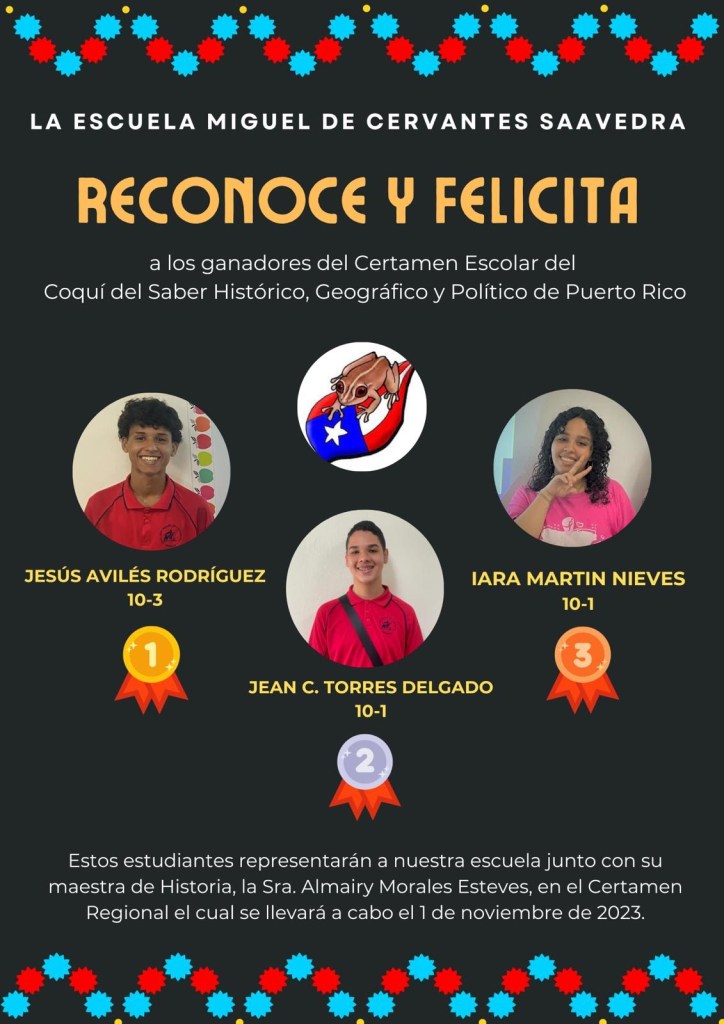 Los ganadores del certamen Escolar del Coquí del Saber Histórico, Geográfico y Político de Puerto Rico.