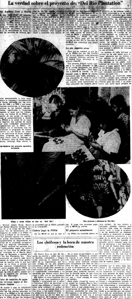 Un detallado de articulo del ano 1940 explica los beneficios de la PRRA sobre la finca rio plantation